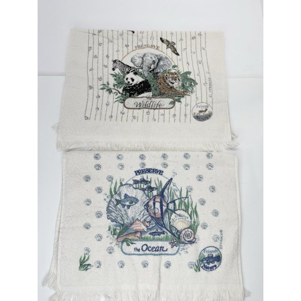 Set Of 2 Vintage Kitchen Hand Dish Towel Decor Preserve Wildlife And Ocean